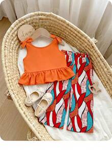 SHEIN 女宝宝度假休闲可爱吊带背心和松紧腰裤套装 - 彩色 - 查看 9