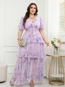 Reflora Plus Size Women Elegant Floral Print Dress - Mauve Purple - View 8