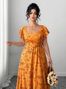 Vestido de verano elegante y estilizador para mujer de talla grande con cuello cuadrado francés, mangas con volantes, abertura en el bajo, adecuado para uso casual, vacaciones ligeras, ocasiones sociales, fiestas de cóctel y citas - Naranja - Ver 5