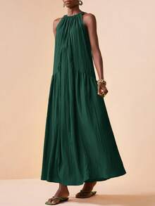 Zivah Đầm không tay cổ tròn thắt nơ kiểu Bohemian nhẹ nhàng xếp ly màu trơn, phong cách nghỉ dưỡng Địa Trung Hải mùa xuân 2026, thích hợp cho lễ hội âm nhạc. - Màu xanh lá cây đậm - Xem 3