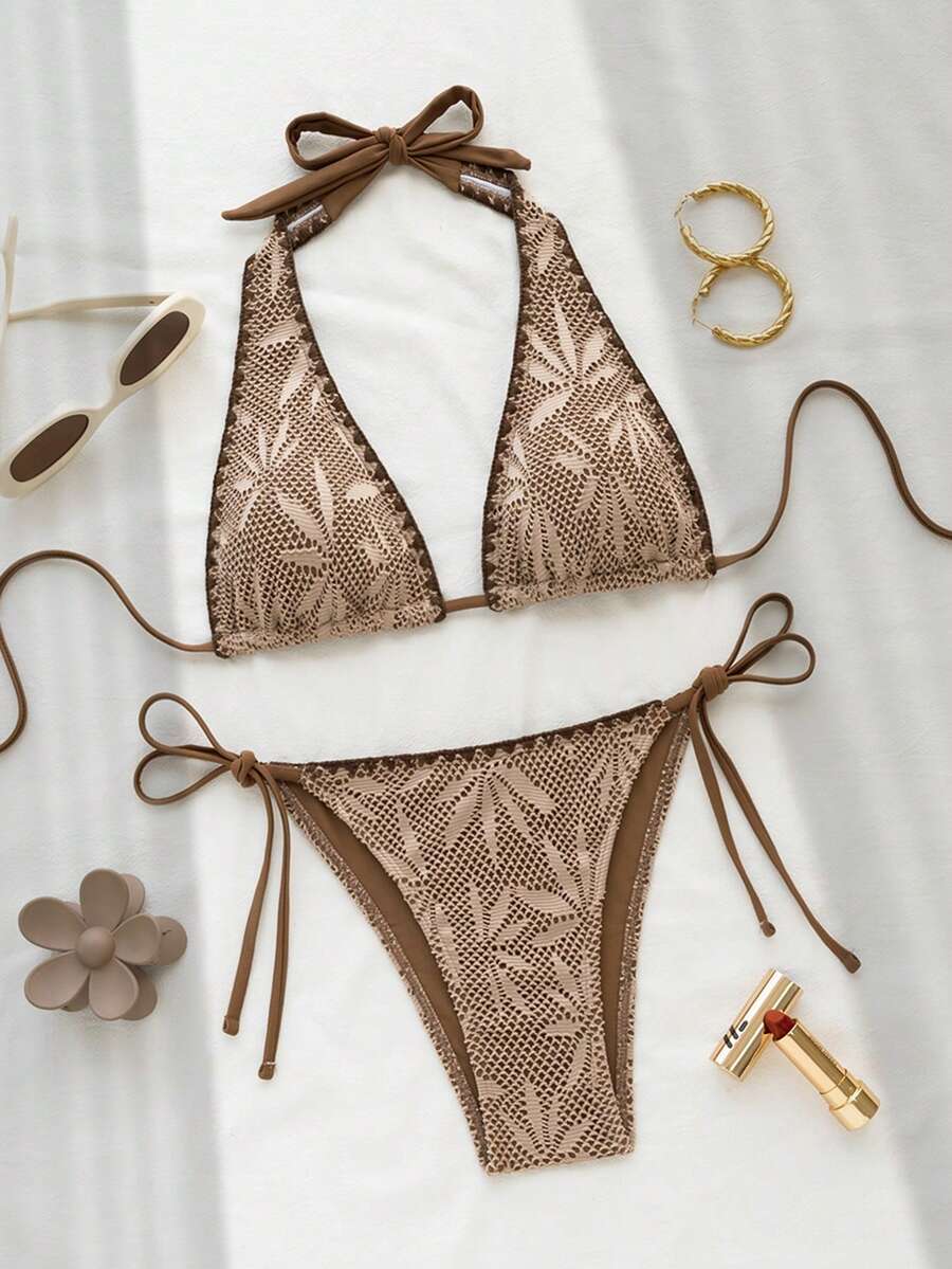 Swim Vcay Bộ đồ đi nghỉ mát/đi biển 2 món dành cho nữ, chất liệu vải có họa tiết. - màu nâu - Xem 1