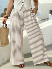 Parysyn Plus Size Women's Vertical Beige Side Button Wide Leg Pants With Pockets Elegant Casual Smart Boho Business Beach Vacation Office Work Autumn - Apricot - View 3