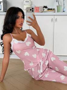 ZzzCrew Heart Print Lace Camisole & Pants Pajama Set - Pink - View 4