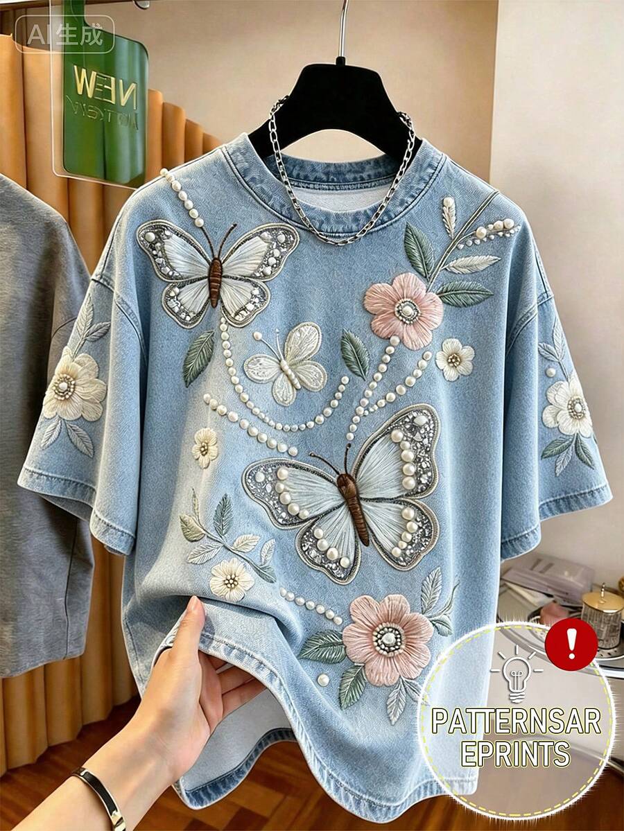 Resyla Áo thun nữ, chất liệu giả denim thêu họa tiết, áo thun in hình đính ngọc trai giả, áo thun cổ tròn dáng rộng, áo thun nữ thanh lịch, phù hợp mặc hàng ngày và hẹn hò. Áo thun ngắn tay nữ, trang phục mùa hè nữ, áo nữ mới nhất, áo thun thêu họa tiết bướm và hoa. - Nhiều màu - Xem 1