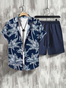 Manfinity RSRT Men's Summer Vacation Coconut Tree Print Button-Front Shirt And Shorts 2 Pieces Set, Holiday - Multicolor - View 3