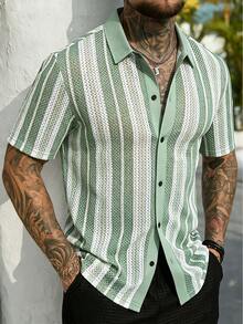 VENTUSAIL Men's Contrast Stripe Print Button Front Casual Short Sleeve Shirt, Holiday - Green - View 6