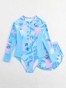 SHEIN 少女夏季度假热带印花插肩袖连体泳衣和短裤套装，适合冲浪、海滩、泳池（印花图案可能有所不同） - 淺藍色 - 查看 3