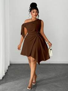 Maweii Đầm casual dáng xòe bất đối xứng, màu vàng, thiết kế độc đáo, thanh lịch, phù hợp cho phụ nữ cỡ lớn, thích hợp cho mùa xuân hè. - màu nâu - Xem 5