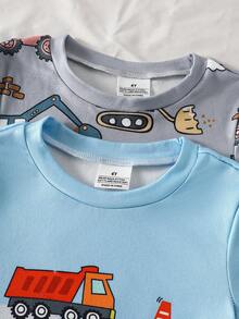 SHEIN GraphicGems 4-Piece Toddler Boys' Casual Summer Pajamas Set, Featuring Olive Green And Apricot Colors With All-Over Cartoon Car Print. This Short Sleeve Round Neck Sleepwear And Shorts Are Made Of Soft, Stretchy, Smooth Knit Material For Comfortable Skin-Friendly Nightwear And Loungewear - Multicolor - View 6
