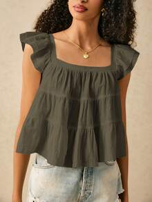 SHEIN Frenchy 女士纯色方领短袖宽松衬衫 - 橄欖綠 - 查看 3