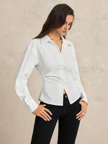 SHEIN Tall Camisa casual de mujer de unicolor de manga larga y abotonadura sencilla - Blanco - Ver 8