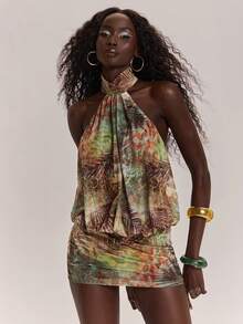 SHEIN BAE Women's Ruched Full Print Casual Date Party Mini Dress - Multicolor - View 3