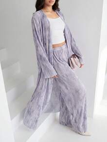 Veilorie 2 piezas Conjunto de top de manga larga con estampado total y pantalones de cintura elástica para mujer - Multicolor - Ver 7