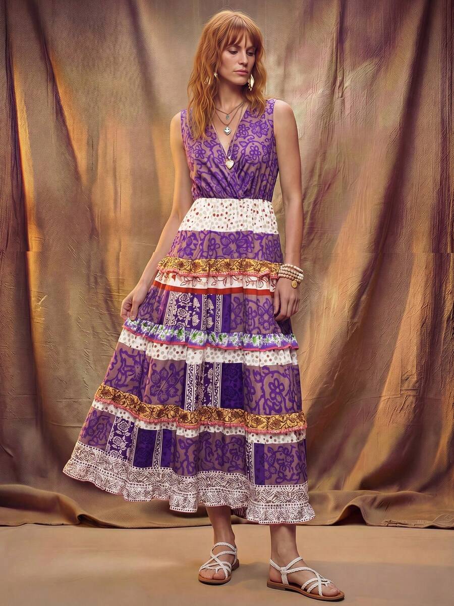 Fembélia Vestido largo de estilo bohemio con estampado, con vibra de vacaciones - Multicolor - Ver 1
