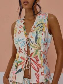 MUSERA Ruffled Hem Tie Open Front Printed Top Coord Top Only Cute Sexy Spring Summer Holiday Vacation Going Out Girly Cool Girl Late Checkout - Multicolor - View 2