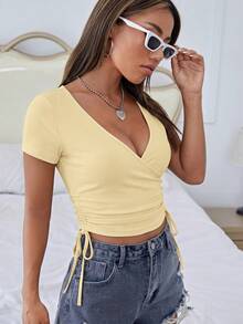 SHEIN Essnce Women's Solid Color Ruched Tie Front Deep V-Neck Sexy Knit Top,Summer Top - Light Yellow - View 5