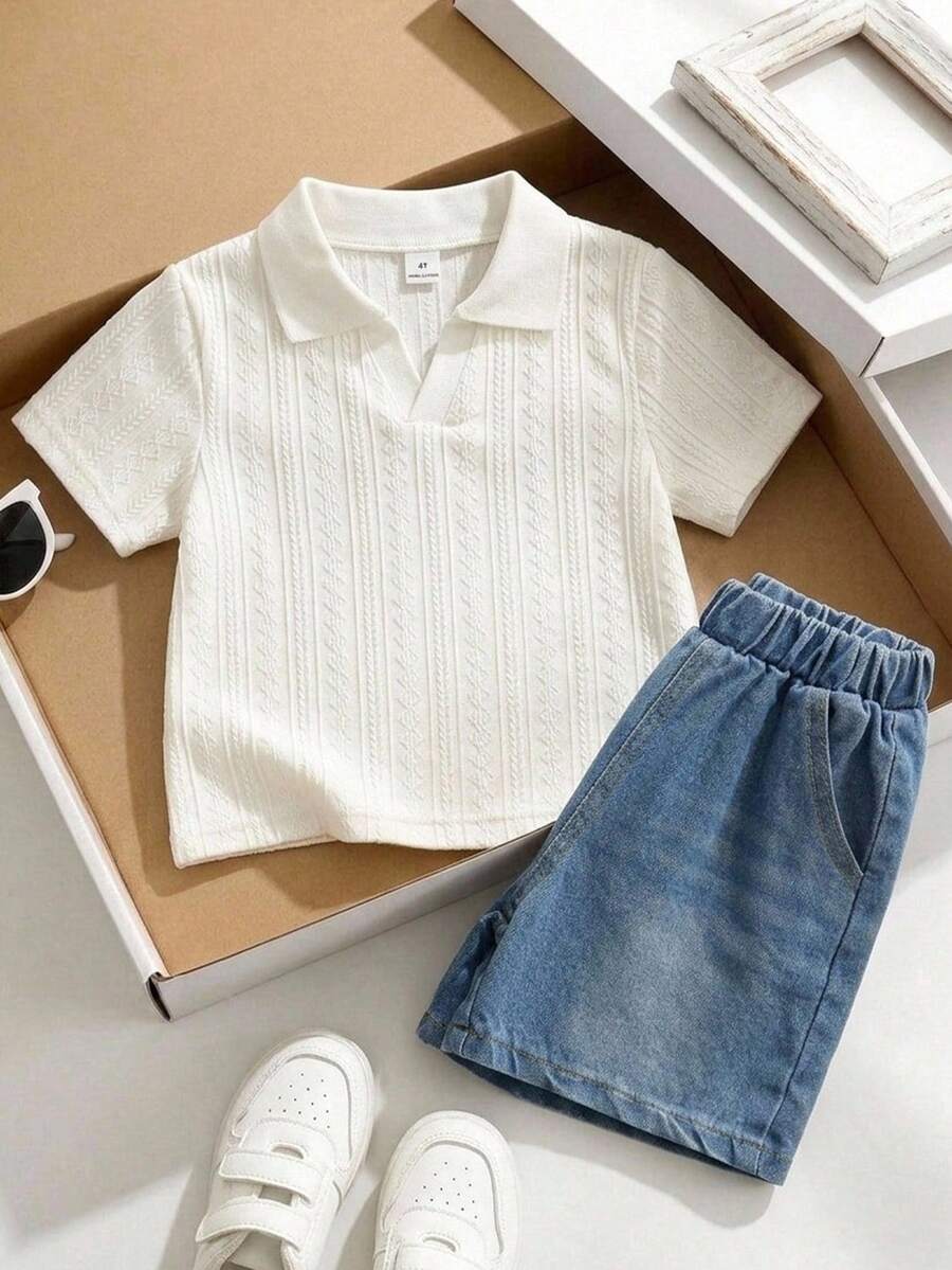 SHEIN 2件套儿童男童休闲百搭舒适圆领宽松短袖针织T恤和牛仔短裤套装 - 彩色 - 查看 1