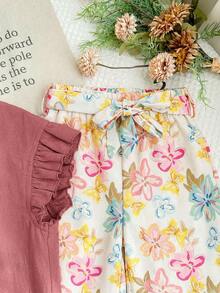 LMoss Kids LMoss 女童两件套：针织纯色荷叶边领上衣和梭织碎花宽松裤 - 粉色 - 查看 3
