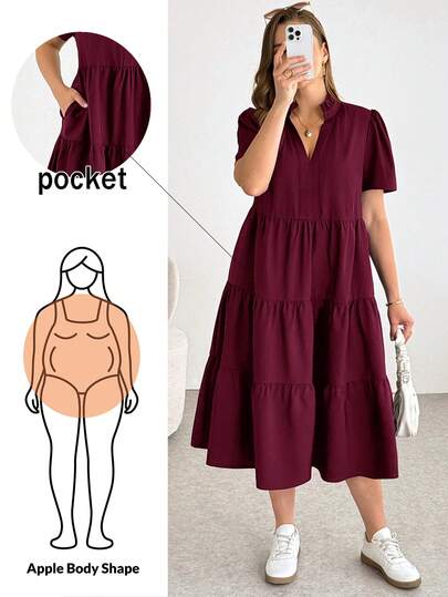 Shapeblank Vestido midi vermelho de manga curta, casual, solto, confortável e versátil para o dia a dia, ideal para primavera/verão. Perfeito para o verão, com bolsos, um estilo elegante e simples, ideal para o trabalho.
