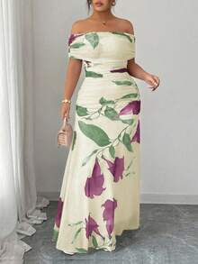 Modelyn Vestido formal con hombros descubiertos, volantes y estampado de malla para mujer de talla grande - Albaricoque - Ver 3