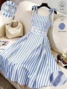 GlowEve Women's Summer Vacation Floral Patchwork Striped Bow Tie Spaghetti Strap Mid-Length Dress - Blue and White - View 1