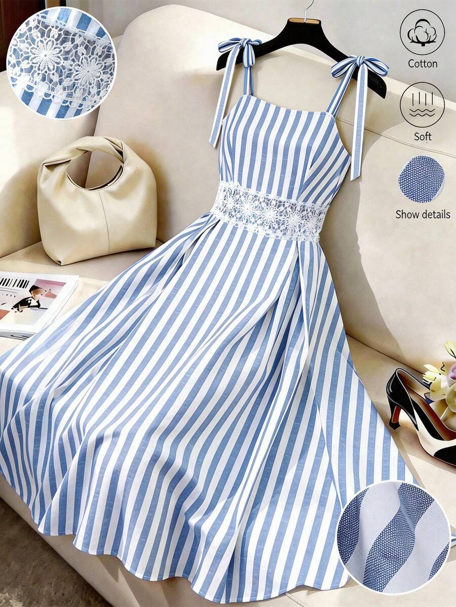 GlowEve Women's Summer Vacation Floral Patchwork Striped Bow Tie Spaghetti Strap Mid-Length Dress - Blue and White - View 1