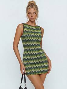 Avantive Women's Summer Beach Vacation Colorblock Zigzag Print Sleeveless Fitted Mini Dress - Multicolor - View 4