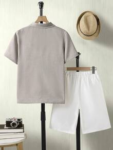 Teen Boy Beige Textured Polo Collar Casual Suit,Vertical Print,White Straight Shorts,Allwhite,Summer,FamilyGathering,BirthdayParty,Vacation - White - View 2