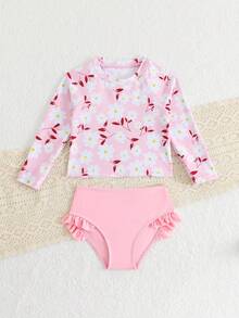 SHEIN Đồ bơi mùa xuân/hè cho bé gái, hàng mới về, áo hai dây và bikini, áo bơi cổ tròn tay dài, quần bơi màu tím nhạt trơn, họa tiết hoa nhí kiểu Rococo ngọt ngào với viền bèo nhún màu pastel. - Nhiều màu - Xem 3