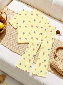Summer Young Girl Cute Floral Print T-Shirt & Flared Pants Set, Pastel Yellow Refreshing Minimalist Personalized Fashion Creative Comfortable Daily Wear - Multicolor - View 2