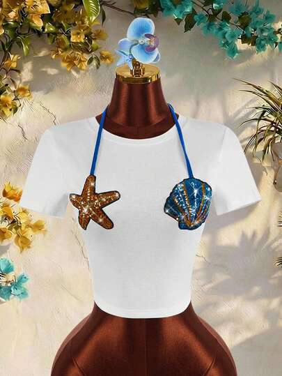 Amplova Summer Beach Vacation Style Starfish Sequin Decor Casual Blouse For Women