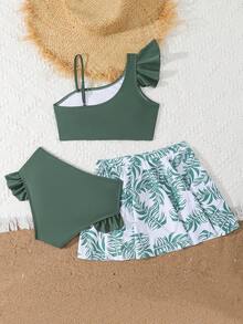 SHEIN Bộ bikini xếp ly và chân váy in họa tiết lá cây dành cho bé gái tuổi teen, thích hợp cho kỳ nghỉ hè ở bãi biển. - màu xanh lá - Xem 2