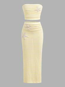 SHEIN Bộ áo hai dây dệt kim ôm sát và chân váy mini họa tiết sao biển kẻ sọc, phong cách thường ngày thoải mái cho bé gái tuổi teen đi nghỉ hè - Màu vàng - Xem 3