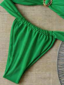 Swim Chiccia Bộ đồ đi biển mùa hè dành cho nữ - Áo quây màu trơn với chi tiết kim loại và quần bikini dây mảnh gợi cảm. - màu xanh lá - Xem 4