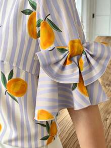 Elouméa Pink Striped & Yellow Lemon Print Round Neck Blouse With Bow Sleeve Decor, Spring/Summer Holiday Wear - Multicolor - View 3