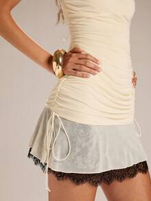 SHEIN BAE Đầm ngắn ôm sát màu mơ phối ren, dây mảnh, xếp ly, thích hợp cho buổi hẹn hò lãng mạn, ngày Valentine, đi chơi, dự tiệc. - Màu be - Xem 7