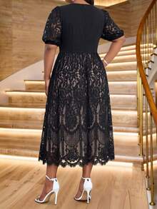 SHEIN Lady Đầm ren thanh lịch cổ tròn tay ngắn cánh hoa dành cho nữ cỡ lớn - Nhiều màu - Xem 2