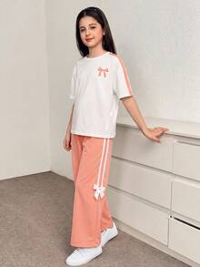 SHEIN 2pcs/Set Tween Girls Casual Retro Oversized Raglan Sleeve Contrast Color Bow Print Round Neck T-Shirt And Straight Leg Sweatpants Knit Suit, Pink - Pink - View 7