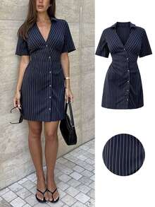 Siren Gaze Vestido casual de mujer de un solo pecho con rayas versátil - Multicolor - Ver 2