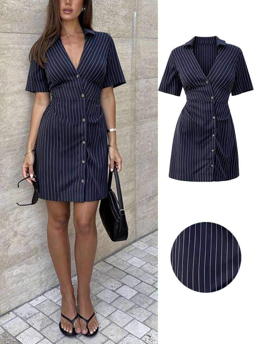 Siren Gaze Vestido casual de mujer de un solo pecho con rayas versátil