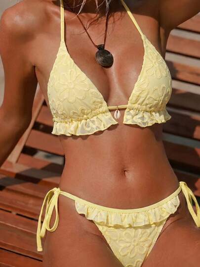 Swim Mod Swim Suits For Women Women's Summer Beach Solid Color Ruffle Trim Halter Neck Tie Two Pieces Bikini Set
