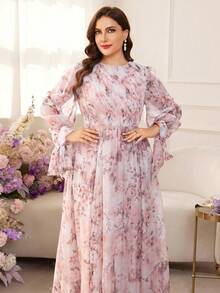 Modelyn Plus Size Women Floral Print Ruched Waist Elegant Party Dress - Baby Pink - View 3