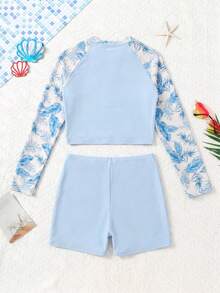 SHEIN 少女插肩袖热带植物印花上衣和短裤泳装套装 - 淺藍色 - 查看 2