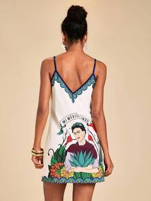 Travachic Frida Kahlo X SHEIN Women's Casual Frida Collaboration Floral & Peacock Print Mini Dress, Chic For Spring/Summer, Suitable For Vacation & Beach - Multicolor - View 2