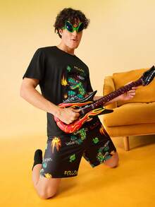 Notgurli Set pigiama uomo con pantaloncini e maglietta a maniche corte con stampa, collo rotondo - Multicolore - Visualizzare 3