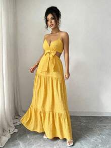 Rafferiza Đầm dài thanh lịch thắt nơ rỗng dành cho nữ - Màu vàng - Xem 3