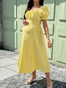 SHEIN Maternity Summer Solid Color Ruched Side Tie Wrap Puff Sleeve Dress - Yellow - View 7