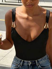 INAWLY 大码女式夏季度假休闲金属装饰吊带V领修身背心，适合派对、约会、邮轮、度假、海滩、音乐节等场合，波西米亚风格 - 黑色 - 查看 5