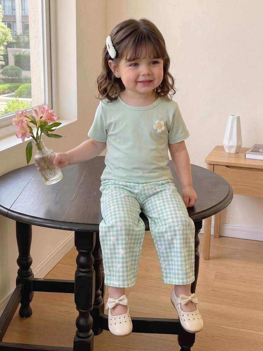 SHEIN Playful Pals 女婴/幼儿碎花圆领短袖T恤和格子裤套装