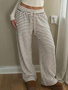 SHEIN EZwear Women's Casual Black And White Striped Drawstring Waist Sweatpants Lounge Summer - Apricot - View 1
